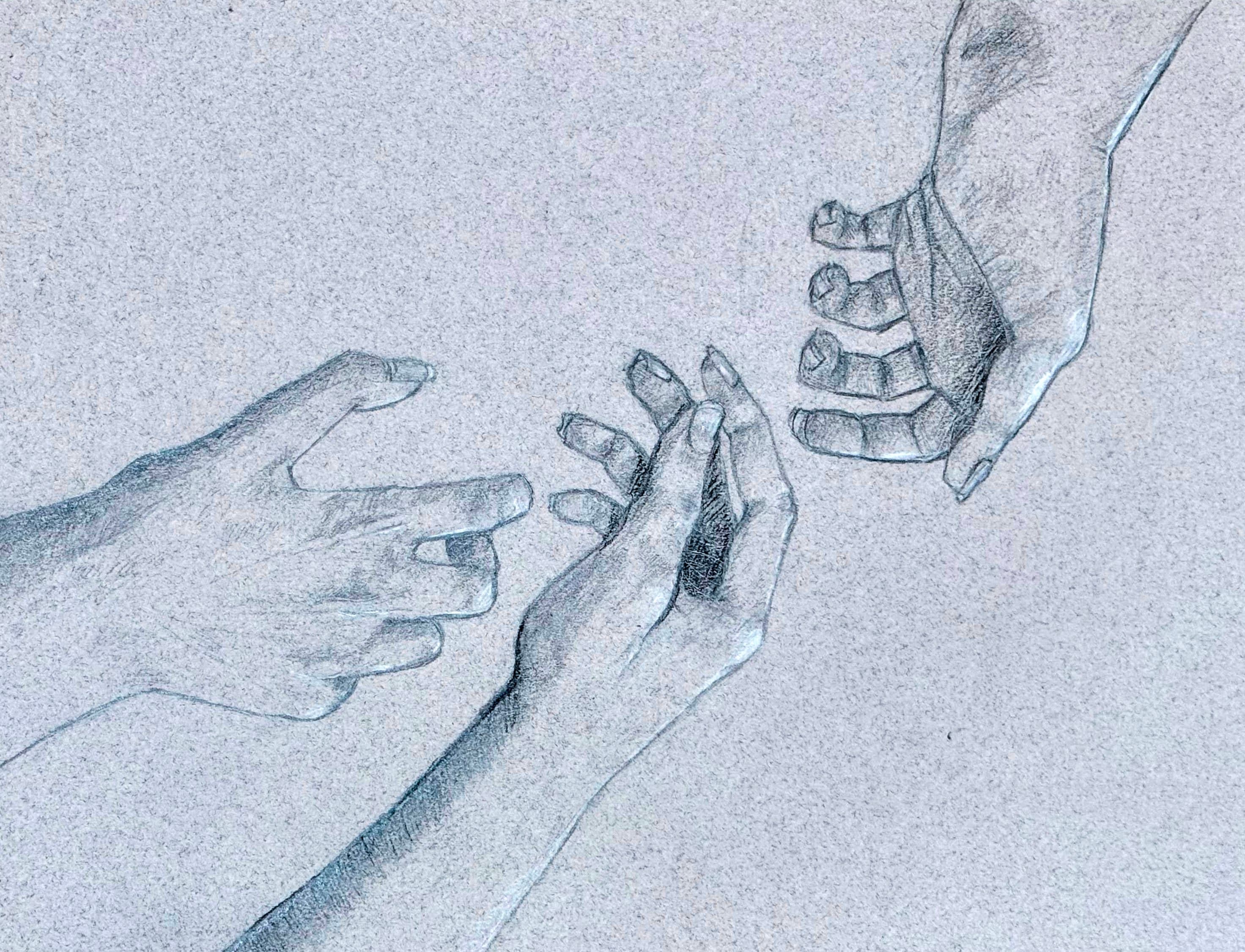 A later graphite study of hands reaching toward one another